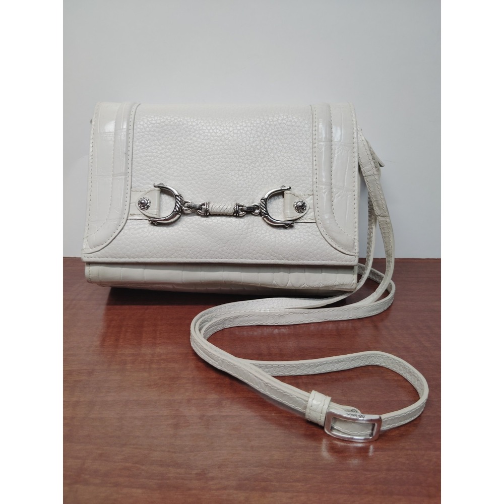 Vintage Brighton Leather Crossbody Organizer Bag Purse OFF White Croc Embossed